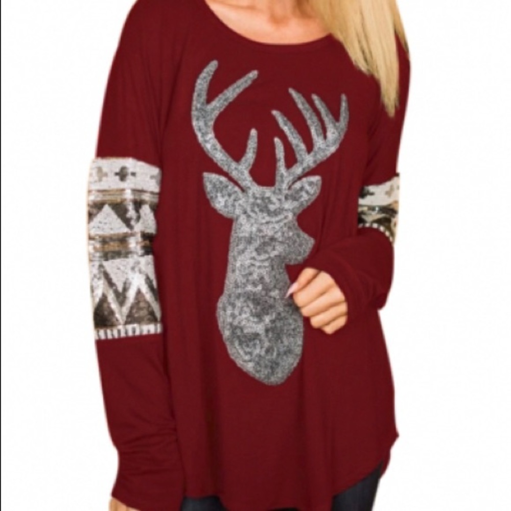 Burgundy Sequin reindeer tops.